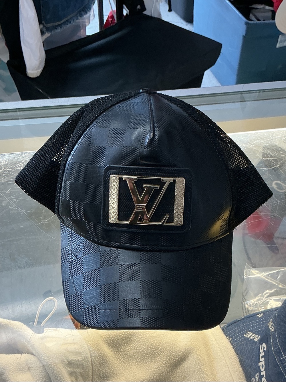 Louis Vuitton Black Checker Mesh Trucker Hat with Silver LV Plaque